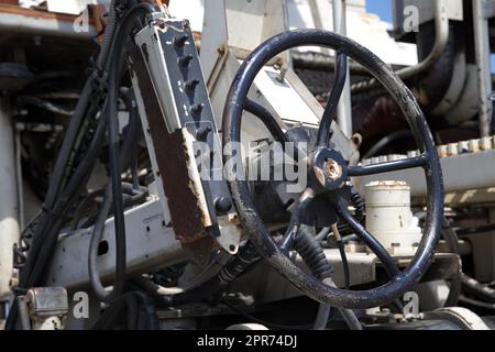 road maintenance asphalting machine paving heavy equipment steering detail asphalt industry Stock Photo