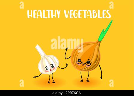 Useful vegetables. Vegetarianism. ONION AND GARLIC. Character with arms and legs. Stock Photo