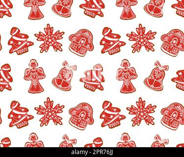 Seamless christmas pattern. Cute characters New Year. Christmas decorations. Christmas gingerbread cookies. Angel, Christmas tree and bell. Stock Photo