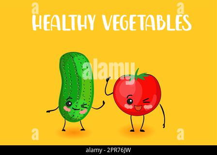 CUTE VEGETABLES. Tomato and cucumber. CHARACTER WITH SMILE. Stock Photo