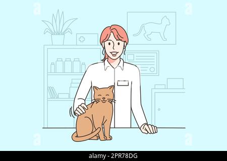 Smiling vet doctor with cat in clinic. Happy female veterinarian caressing pet in hospital. Good quality medical service for pets. Vector illustration Stock Photo