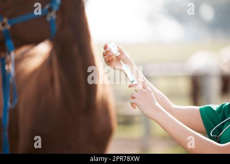 Just your regular shots. Cropped shot of an unrecognisable veterinarian standing alone and preparing to give a horse an injection on a farm. Stock Photo