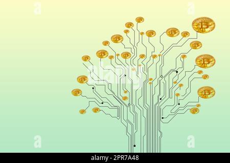 Crypto is an asset with massive potential for growth. Conceptual image of a bitcoin growing on a tree-shaped circuit board against a green background. Stock Photo