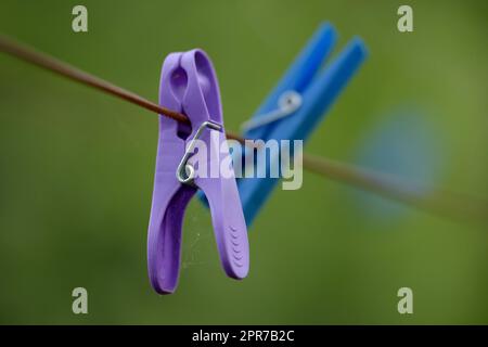 Copy space of plastic clothespins hanging on washing cable or laundry line with bokeh outside. Closeup of neglected spiderwebs covering purple or blue clothes pegs for housework chores with copyspace Stock Photo