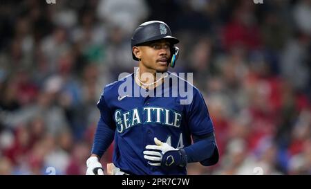 Seattle Mariners' Julio Rodriguez plays during a baseball game, Thursday,  April 27, 2023, in Philadelphia. (AP Photo/Matt Slocum Stock Photo - Alamy