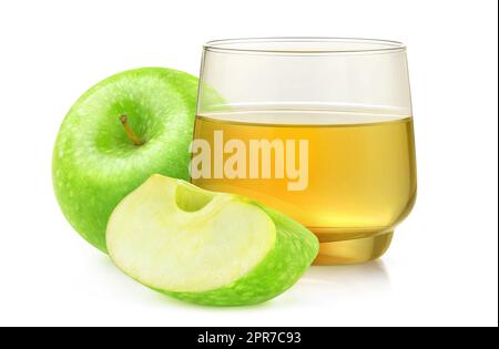 Cut green apples and apple juice in a glass, over white background Stock Photo