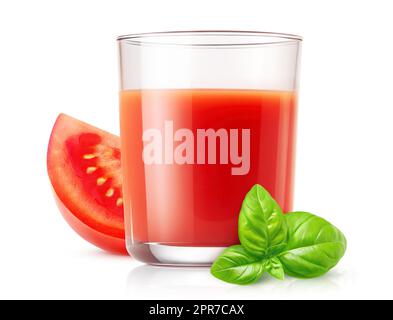 Glass of tomato juice and slice of tomato, isolated on white Stock Photo