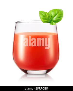 Glass of tomato juice and leaf of basil, isolated on white Stock Photo