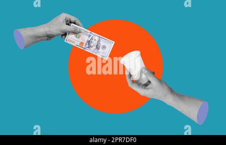 A woman's hand holding a hundred-dollar bill of money passes it to another person for donation. Handing over money. Shopping, paying for purchases, an Stock Photo