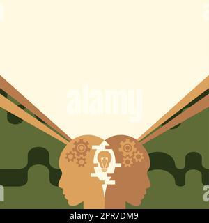 Creative Minds Combining Ideas Creating Innovative Strategies Displaying Teamwork. Heads With Cogwheels Representing Combined Effort Producing Advancement Plans. Stock Vector