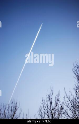 Jet airplane contrail above leafless trees against a clear blue sky background with copyspace. View of a distant passenger plane flying at high altitude leaving a long white smoke trail behind Stock Photo