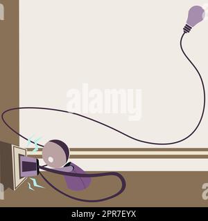 Robot Drawing Fixing Socket With Lightbulb In Corner. Robotic Man Taking Care Of Plug With Glowing Bulb On Side And Presenting Important Message. Stock Vector