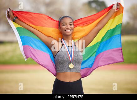 When one wins, we all win. Cropped portrait of an attractive young female athlete celebrating her victory. Stock Photo