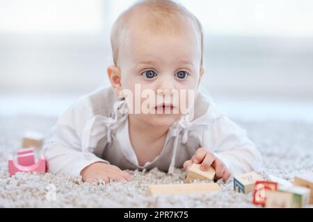 I am unashamed of getting nothing done. an adorable little baby boy playing on the floor at home. Stock Photo