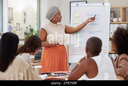 Ambitious african american businesswoman using whiteboard to train