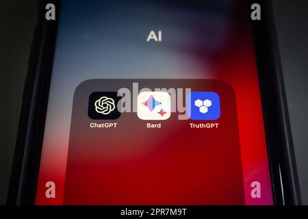 Vancouver, CANADA - Apr 19 2023 : OpenAI ChatGPT, Google Bard and TruthGPT icons seen in an iPhone screen. Generative AI Chat Bot Competition Concept Stock Photo