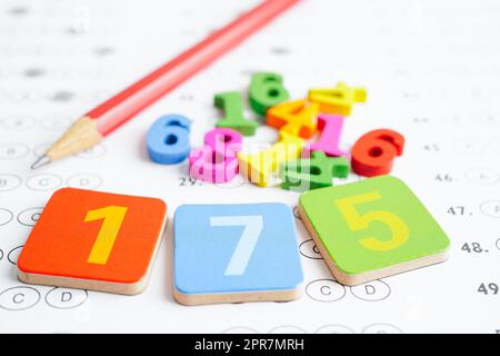 Math number with pencil on answer sheet test choice for learning Mathematic, education math concept. Stock Photo