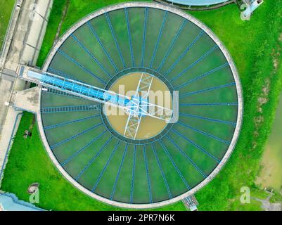 aerial view sewage treatment plant near downtown Stock Photo