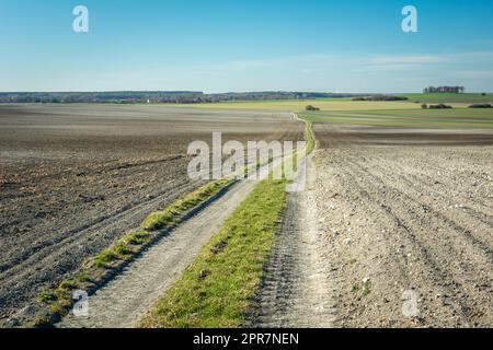 A long dirt road through a plowed field Stock Photo