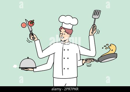 Smiling male chef in uniform with kitchen utensils multitasking at work. Happy confident man cooking with kitchenware. Vector illustration. Stock Photo