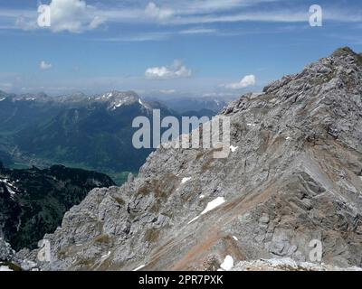 Via ferrata at high mountain lake Seebensee, Zugspitze mountain, Tyrol, Austria Stock Photo