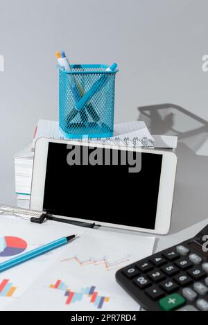Important Messages Presented On Phone On Desk With Pencils, Books, Calculator And Clipboard Around. Crutial Inforations Shown On Cellphone On Table With Notebooks And Pens. Stock Photo