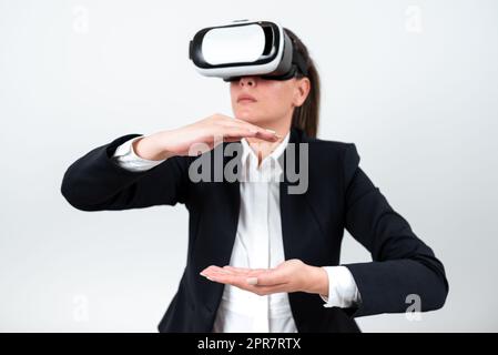 Woman Wearing Vr Glasses And Presenting Important Messages Between Hands. Businesswoman Having Virtual Reality Eyeglasses And Showing Crutial Informations. Stock Photo