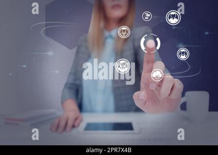 Lady in suit pointing finger upwards symbolizing successful teamwork accomplishing newest project plans. Woman directing hand up representing combined effort management. Stock Photo