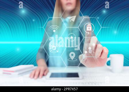 Lady in suit pointing finger upwards symbolizing successful teamwork accomplishing newest project plans. Woman directing hand up representing combined effort management. Stock Photo