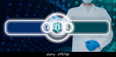 Doctor Holding Pen Pointing On Jigsaw Piece In Futuristic Digital Display. Scientist Having Pen In Hand Pressing Symbol Showing Crucial Information And Ideas. Stock Photo