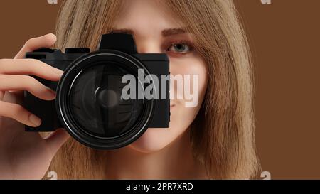 young woman taking a picture with a camera professional photographer photo shoot 3D illustration Stock Photo