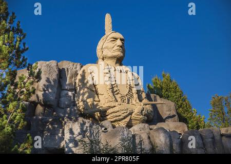 Billund, Denmark, July 2018: Lego statue of an Indian chief Stock Photo