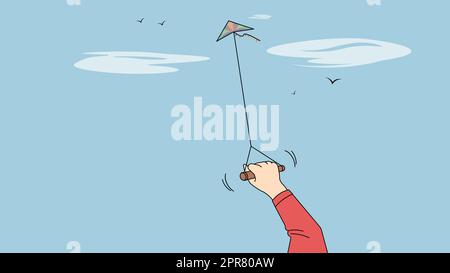 Person holding paper kite flying in air. Child have fun enjoy outdoor activity. Leisure and recreation. Vector illustration. Stock Photo