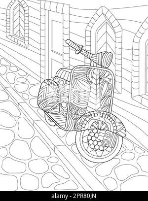 Coloring Book Page With Motorcycle Parked On Sidewalk Next To House. Stock Photo