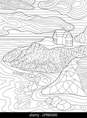 Coloring Page With Detailed House On Hill, Clouds, Rocks And Ocean. Stock Photo