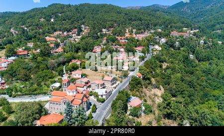 Aerial Pano Platres village, Limassol, Cyprus Stock Photo