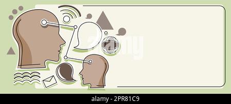 Multiple Heads Connected Showing New Technology Ideas. Gears In Brain Symbols Design Displaying Mechanical And Technical Idea. Stock Vector