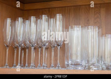 Kitchen cabinet close up with glass shelves Stock Photo