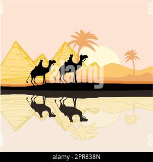 Bedouin camel caravan in wild africa landscape illustration Stock Photo