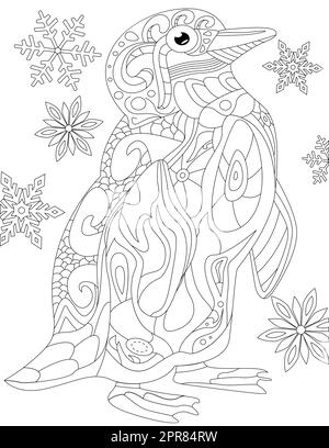 Coloring Page With Walking Mother And Kid Penguin With Snowflakes In Back. Stock Photo