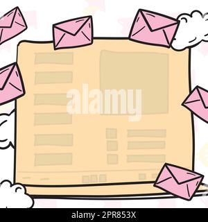 Composing Letter Idea, Listing Text Documents, Presenting Writing Tools, Selling Materials. Checklist Table Surrounded With Envelops And Clouds Stock Vector