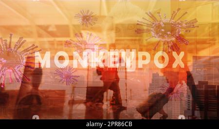 Monkeypox outbreak and travel concept. Monkeypox is caused by monkey pox virus. Tourists with baggage walking in the airport. Travel during virus outbreak.  Monkeys may harbor virus and infect people. Stock Photo
