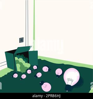 Glowing light bulbs scattered floor represent out of box ideas. Many spare electric lights big carton room corner storage room. Mixed bright dim electrical lamp. Stock Vector