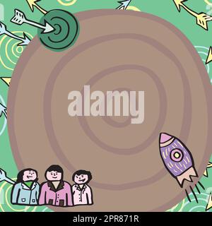 Rocket Ship Launching Fast To Target On Background. Group Of People Watching Spaceship Taking Off. Space Shuttle Reaching Destination Under Enineers Approval Stock Vector