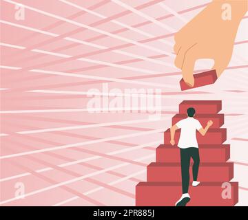 Gentleman Climbing Up Stair Case Trying To Reach Goals Hand Helping Representing Teamwork. Man Running Upwards Big Stairs Defining Progress And Improvement. Stock Vector