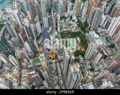 Sheung wan, Hong Kong 08 February 2022: Aerial view of Hong Kong city Stock Photo