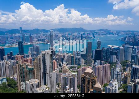 Victoria Peak, Hong kong 25 August 2020: Aerial view of Hong Kong city Stock Photo