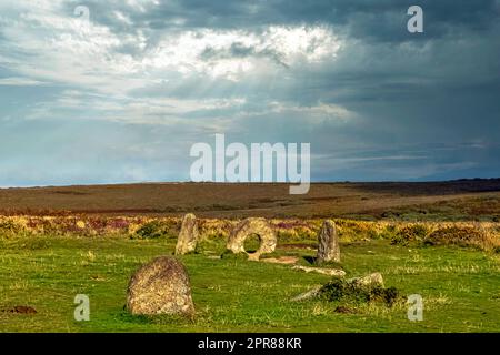 Men-an-Tol known as Men an Toll or Crick Stone - small formation of standing stones in Cornwall, United Kingdom Stock Photo