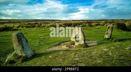 Men-an-Tol known as Men an Toll or Crick Stone - small formation of standing stones in Cornwall, United Kingdom Stock Photo