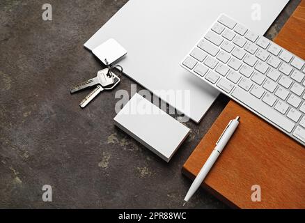 Stationery, keys and keyboard Stock Photo